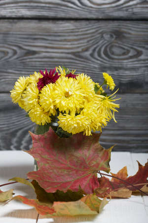 Bouquet of yellow chrysanthemums. Nearby autumn leaves. Close-up shot.の写真素材