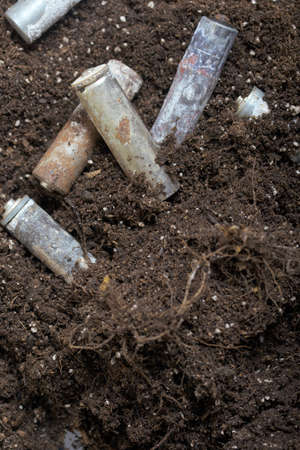 A dried plant with a root system. Among the corroded waste batteries. Environmental protection and...