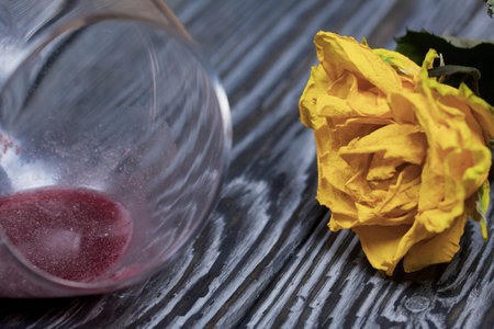 A bouquet of dried yellow roses. An overturned glass of sour wine. On pine boards.
