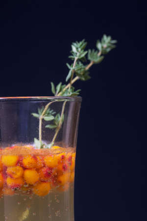 Cocktail with sparkling wine and sea buckthorn. Sea buckthorn bellini. Decorated with thyme sprigs.の写真素材