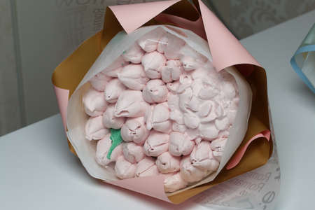 Zephyr bouquet in wrapping paper. Tulips and hydrangea from zephyr.の写真素材