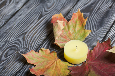 Candle stub. Among the autumn maple leaves. On brushed pine boards.の写真素材