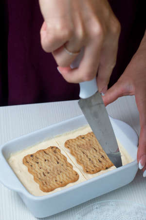 Woman cuts homemade ice cream. Cookies and cream. Close-up shot.