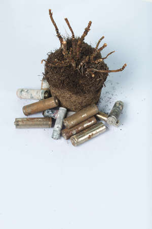 A dead plant with an earthen clod. Corroded batteries around. Waste recycling and environmental...