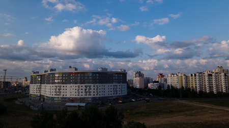 City block. Multi-storey buildings. City landscape at sunrise. Aerial photography.の写真素材