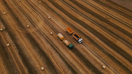 Agricultural machinery on the field. Grain harvesting. Straw bales are lying on the field. There is a busy freeway near the field. Aerial photography.の写真素材