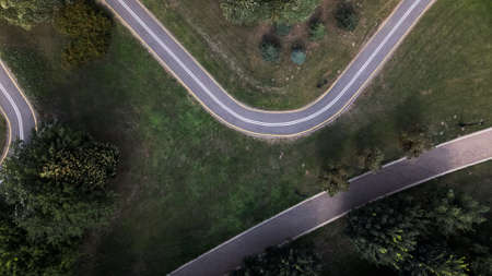 A winding bike path in the park. Winds among trees and bushes. Aerial photography.