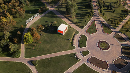 Walkways in the park area. Aerial photography.