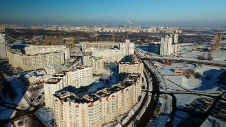 city block. Modern multi-storey buildings. Winter landscape. aerial photography.のeditorial素材