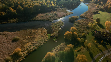 Autumn city park. A meandering river flows between the trees. Trees with colorful leaves. autumn...