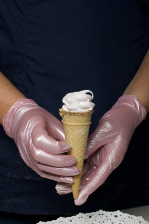 Homemade marshmallows in waffle cones. homemade zephyr.の写真素材