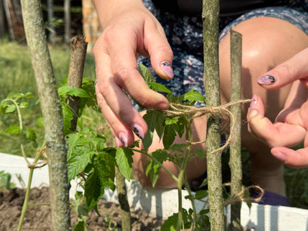 A woman tying up tomatoes. Working on a garden bed in the vegetable garden. Close-up