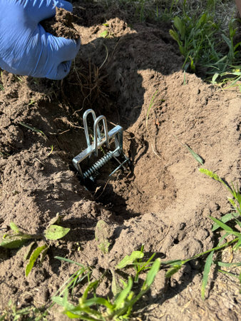 Man installing a mechanical mole trap made of galvanized steel. Installed in a mole burrow. Mole...