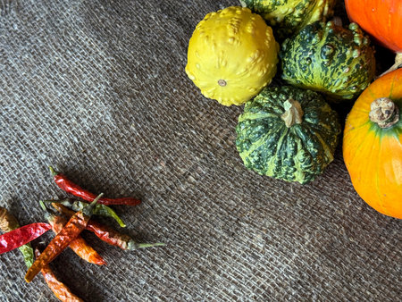 Pumpkins of different colors and sizes, Dried chili pepper pods, Arranged on a surface covered with coarse burlap, Shot from aboveの写真素材