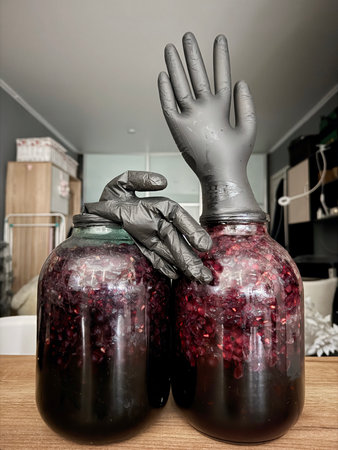 Two glass jars with fermenting grapes. Black rubber gloves are put on the jars. Making homemade grape wine.の写真素材