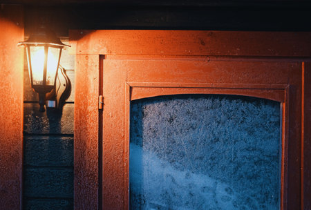 frost texture on a cabin window glassの写真素材