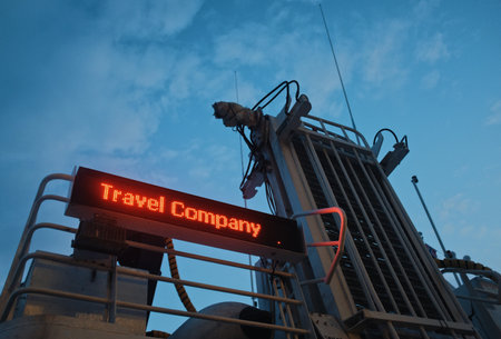 Travel Company Sign on a side of a cruise shipの写真素材