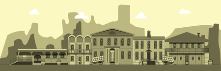 City street in style of wild west. Building, tavern bank and other buildings on background of mountains. Illustration in style of flatのイラスト素材