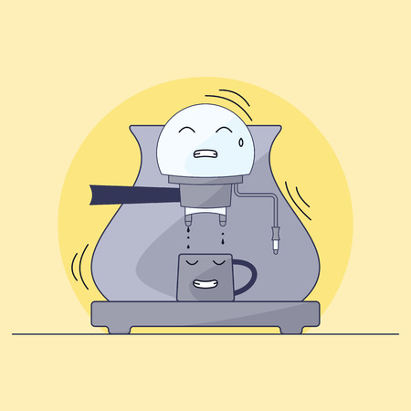 Coffee maker and mug character. Humanization of things. Prepare a cup of hot coffee. Illustration in style of flat.のイラスト素材