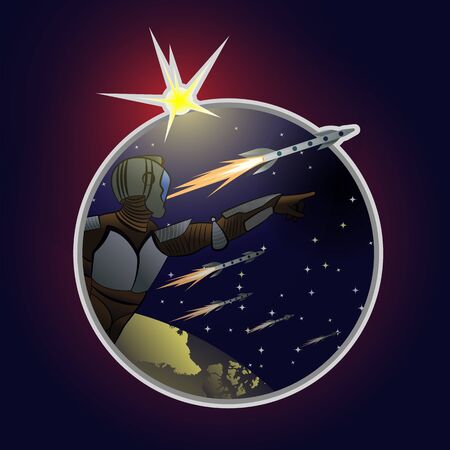 Astronaut in spacesuit shows in direction of far space. Bright star, small constellations, home...