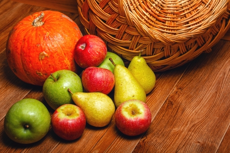 Harvest of ripe fruits and vegetables: apples, pears and pumpkinの写真素材