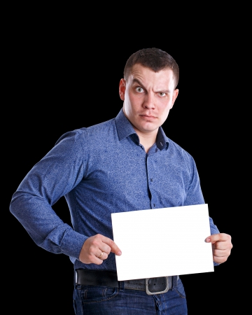 Man holding an empty table, isolated on backgroundの写真素材