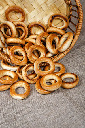Russian traditional bagels in a wicker basket close-up shotの写真素材