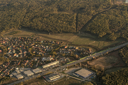 City landscape from the window an airplane at high altitude. Aerial view. Concept travel.の写真素材