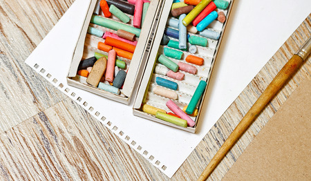 Kit pastel pencils in the box. Art set. Development of creative thought.