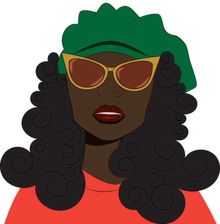 Fashion vector illustration. The girl in sunglasses and beret. Girl with curly hair.のイラスト素材