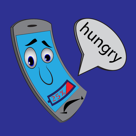 Cartoon cell phone with charge indicator 25%. Phone hungry. Low battery.のイラスト素材