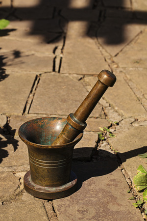 Manual coffee grinder. Mortar and pestle. Antique thing.の写真素材