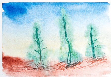 Abstract landscape with watercolor paint. Drawing on wet paper. In the style of a la prima. Coniferous forest.の写真素材