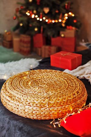 Background for the holiday. Christmas tree and a large number of gifts.の写真素材
