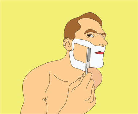 Man shaving razor. Unhappy man shaved half of his face. Vector art in the style of pop artのイラスト素材