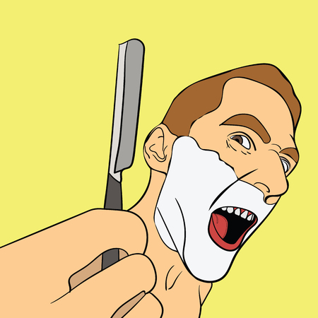 Man is holding a straight razor. Mad man. On the face of shaving cream. Vector art in the style of pop artのイラスト素材