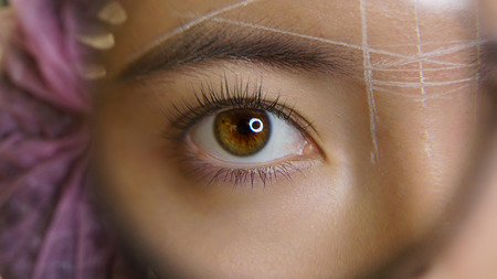 Microbleeding and eyebrow architecture. Eye and eyebrow of girl with lines of symmetry in magnifying glass. Cosmetic procedure in spa salon. Face beautyの写真素材