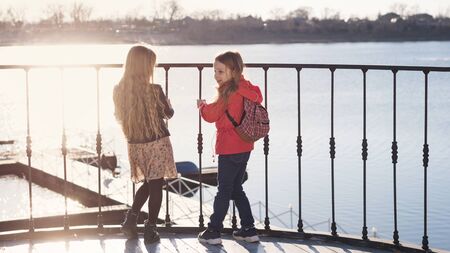 Two young schoolgirls are having confidential conversation. They stand on observation deck and see...
