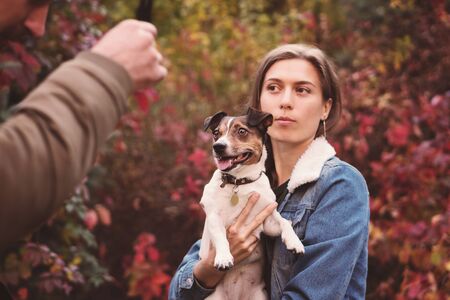 Dog and owner walk autumn park. Purebred Jack Russel Terrier dog outdoors in nature on grass on autumn day. Playful mood. Funny expressive leisure time. Breeder and his pet at training. Pets friends.の写真素材