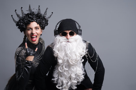 Dj Santa Claus with Sunglasses and Headphones Listening to Christmas Music and Snow Maiden Black...