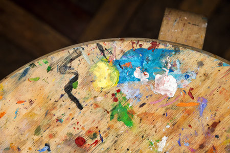 Abstract Backdrop Art Paint Strokes On Wood Background. Color Texture. Fragment Of Artwork.の写真素材
