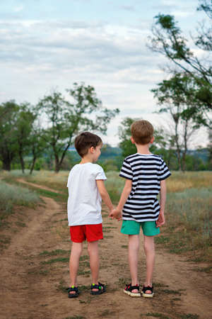 Two Little Children Holding Hands. Boys Brothers Travel On Road. Full Length. Back View. Authentic lifestyle in Rural Settings. Brotherhoodの写真素材