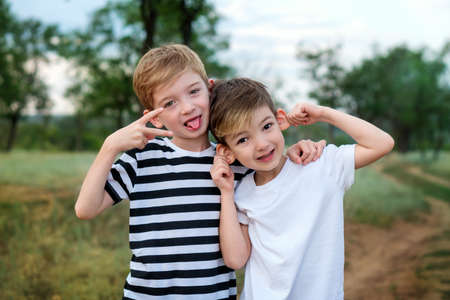 Horizontal Portrait Emotional and Grimacing Two Happy Little Brothers in rural settings in summer...