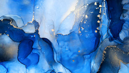 Translucent Alcohol ink texture background. Luxury blue fluid art with gold. Abstract smudges and...