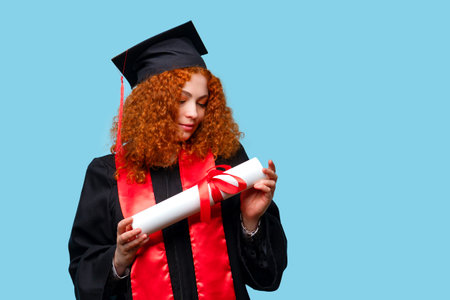 Cute Curly Red Haired Female Graduate in Ceremony Robe and Graduation Cap Holding Certificate on Blue Background. Young Woman Celebrating Graduation Presses Diploma to Cheek and rejoices End Studiesの写真素材