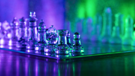 Transparent translucent pieces are placed on chessboard. Concept learning game of chess. Rook Selective Focus. Beautiful green violet background with reflection for advertising. Tactics and strategyの写真素材
