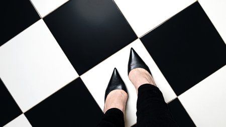Selfie feet wears classic shoes court shoe on checkered floor background. Image legs in red velvet shoes pumps on black and white floor. top viewの写真素材