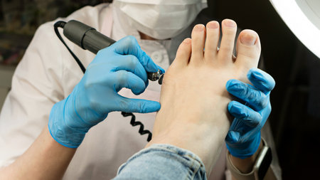 hardware pedicure procedure. Chiropodist master processes feet female client. Electric pedicure tool. foot careの写真素材