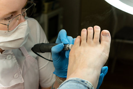 hardware pedicure procedure. Chiropodist master processes feet female client. Electric pedicure tool. foot careの写真素材