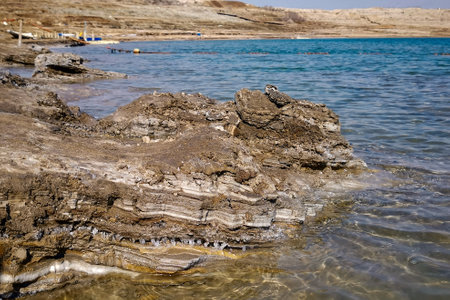 Dead Sea salt mineral natural formation crystal layers. background. Seascape. dead sea waters. Israelの写真素材